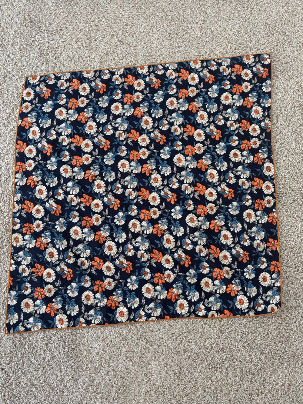 Floral Navy Blue Square Scarf with Orange and Cream Blooms